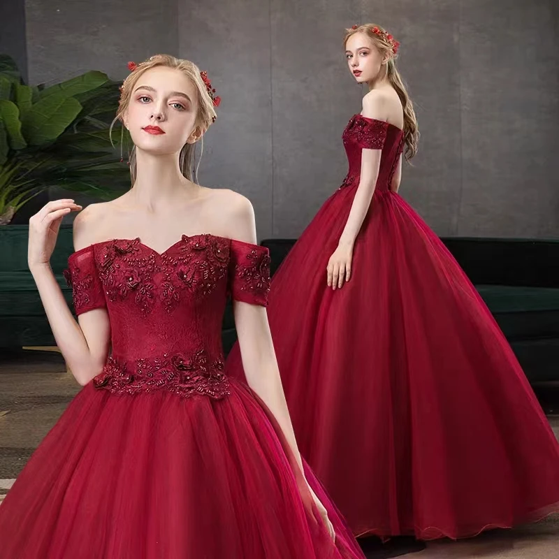 

Burgundy Lace Appliques Tulle Prom Dresses Off The Shoulder Pleat Ruched A-Line Saudi Arabic Women Party Evening Gowns