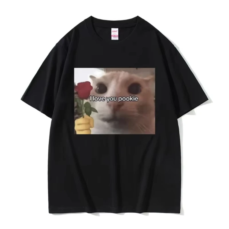 Camiseta divertida con diseño de gato Pookie para hombre, estilo casual, holgada, con estampado de I Love You, edición para hombre