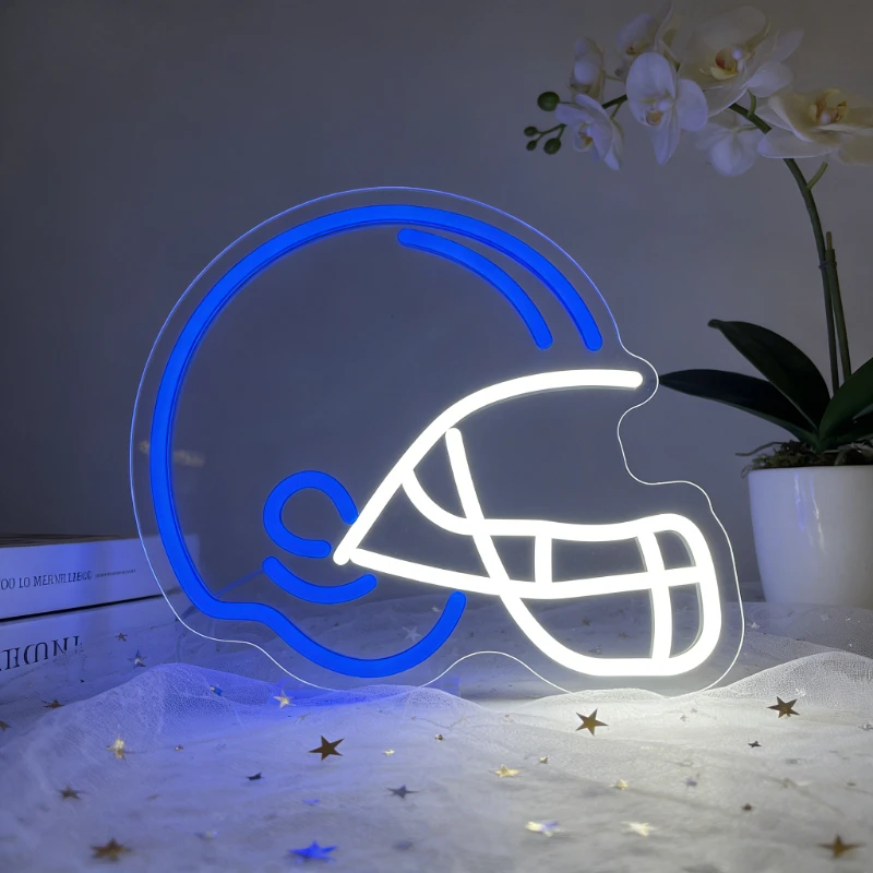 American Football Helmet LED Neon Sign Blue White Glow for Living Room Bedroom Man Cave Sports Bar Wall Art Decor Gift for Fans