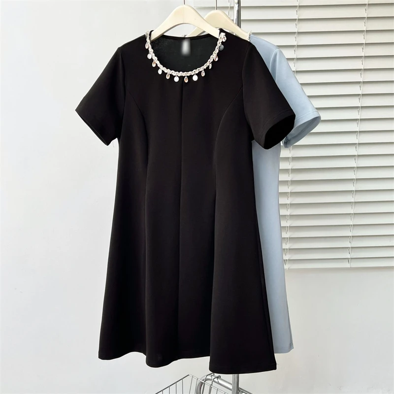 

2026 Fashionable New Summer Women Dresses Nail Bead U-neck Slim Waist Cinched Short Sleeved Solid Female Elegant Commute Dress