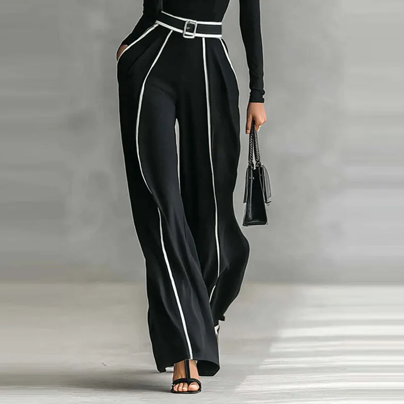 Vinage contraste cor magro roupa reta feminina casual gola alta bottoming topo & calças de cintura alta definir outono ternos manga longa