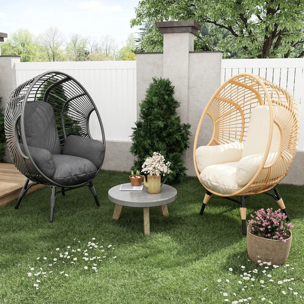 extra grote rieten eiermandstoel met standaard en kussen, capaciteit 500 lbs, geschikt voor terras- en tuingebruik