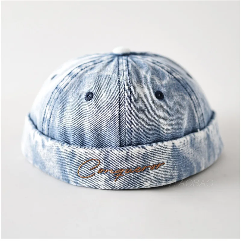 Casquette unisexe rétro en jean délavé sans visière avec broderie de lettres Conqueror pour tenue décontractée, fête, voyage, quotidien