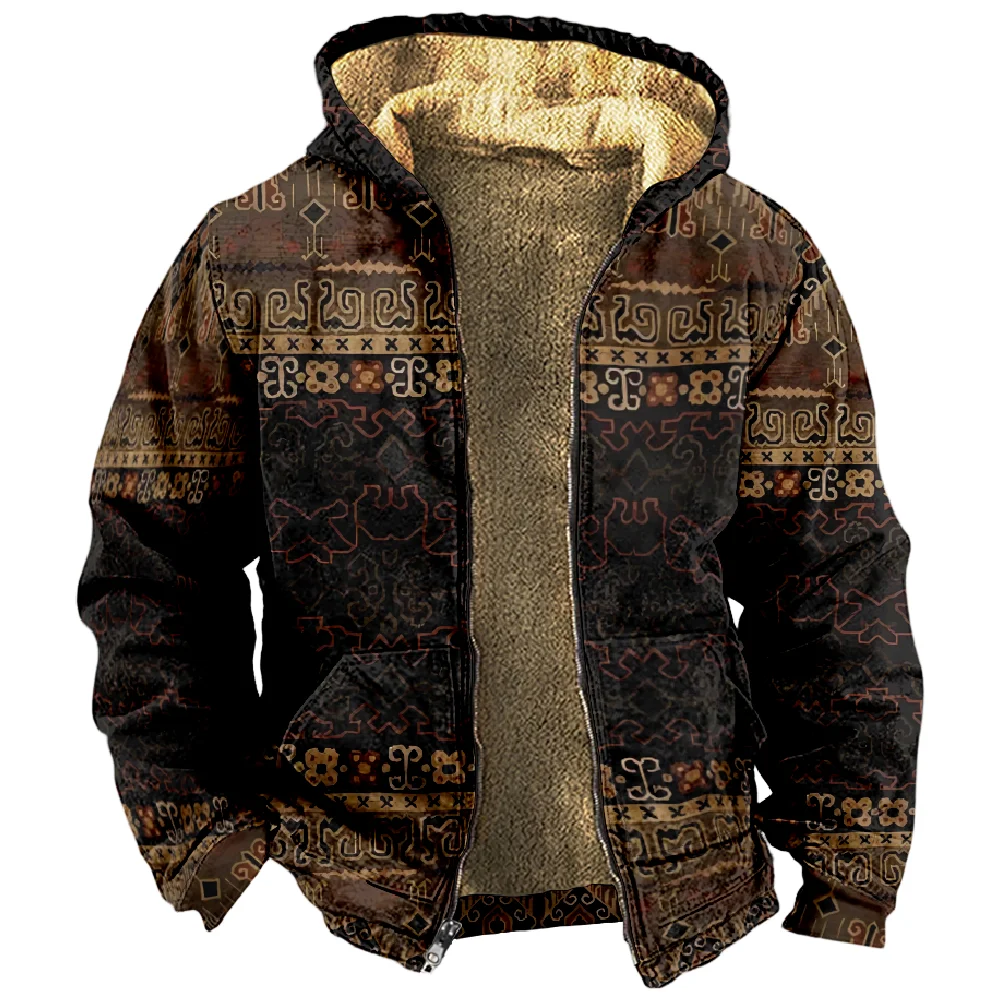 Tribal Pattern Graphic Vintage Hoodie Daily Outwear Long Sleeve Zip Sweatshirt Stand Collar Coat Women Men Winter Clothes