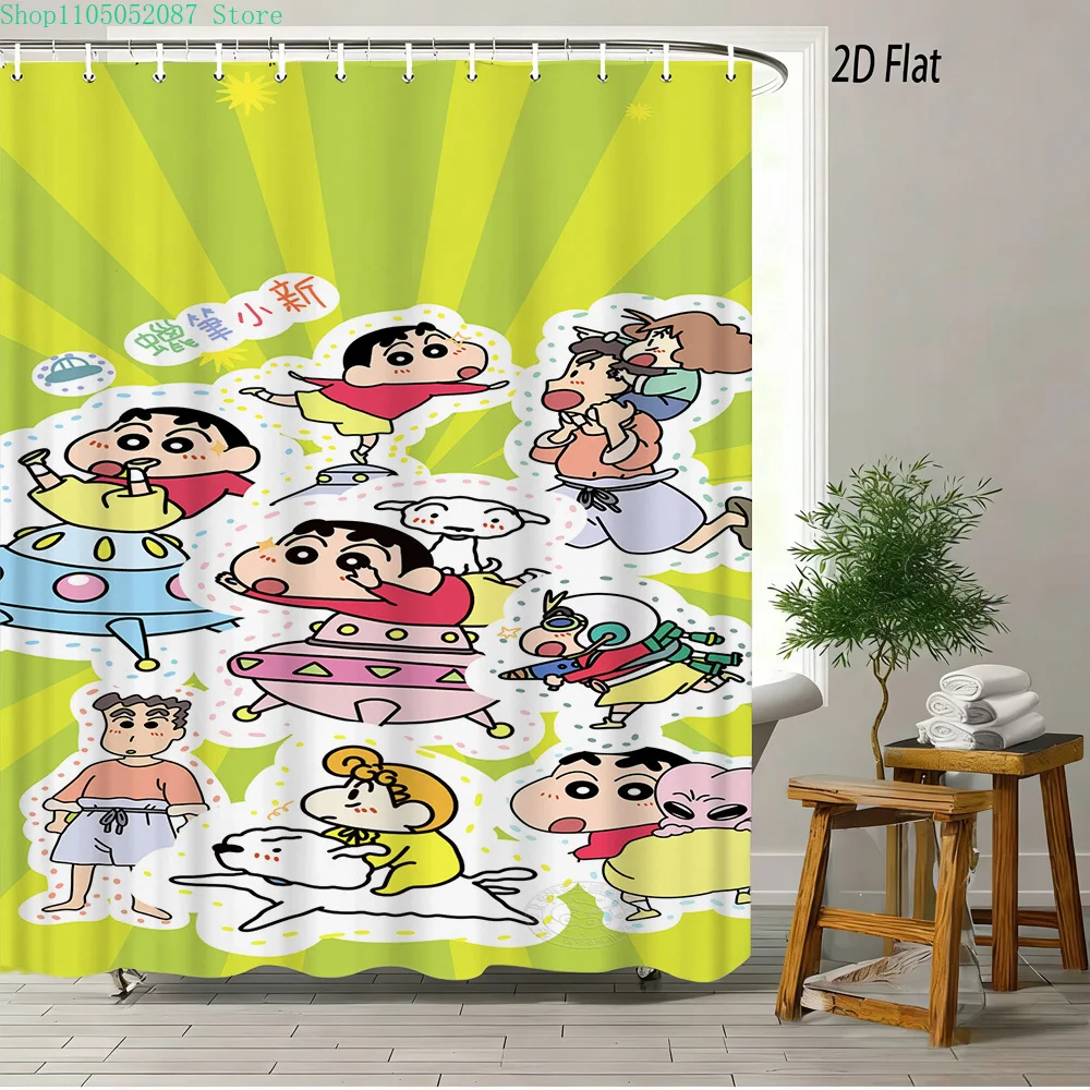 

Водонепроницаемая шторка для душа с 2D-принтом Crayon Shin-chan UFO & Shiro, зеленый аниме-декор для ванной комнаты с крючками