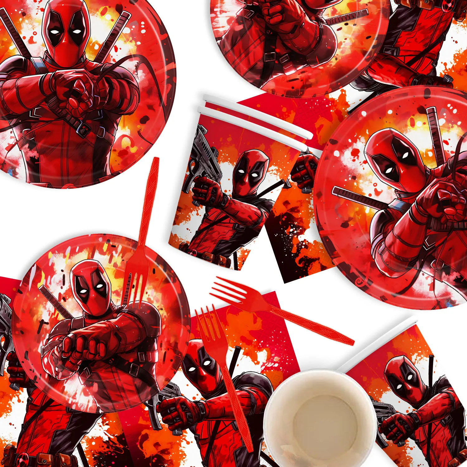 Deadpool Party Tableware Supplies Cartoon Marvel Happy Birthday Party Plate Cup Napkin Fork Balloon Kids Baby Shower Decoration