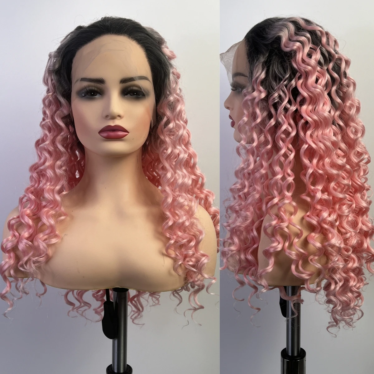 Oley Pink Synthetic Lace Front Wig Long Curly Wig 180 Density 13 * 4 Front Lace Natural Hairline Mesh Cap Breathable Comfortable