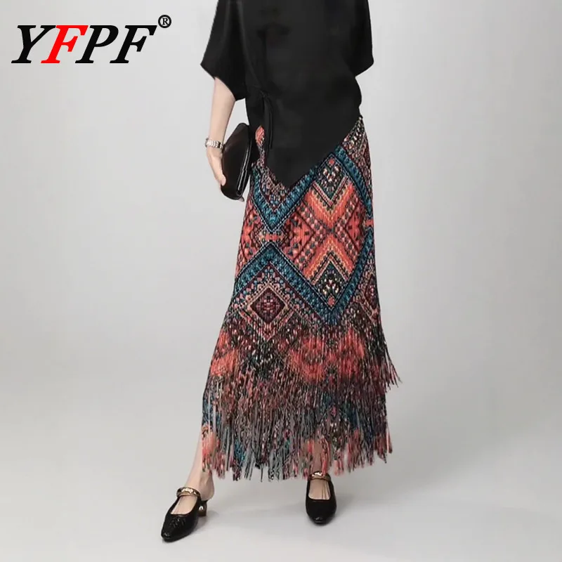 

YFPF Vintage Printing Design A Line Skirt For Women Pleated Fashion Tassel Patchwork Long Skirts Causal 2025 New Clothing