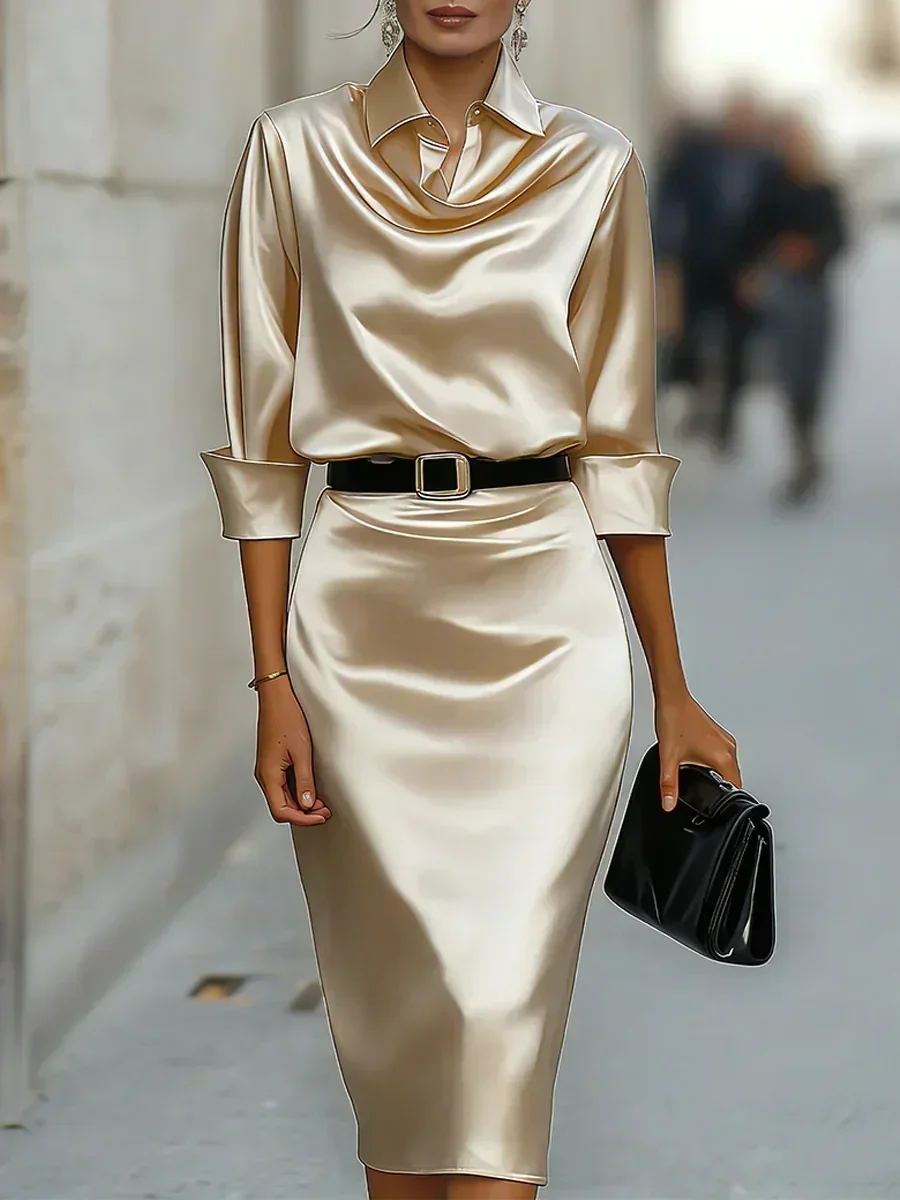 Damen Satin-Midikleid mit Kragen und Wasserfallausschnitt, 3/4-Ärmel, Elegantes Formelles Büro- und Pendlerkleid im Etuikleid-Stil – Detail 4