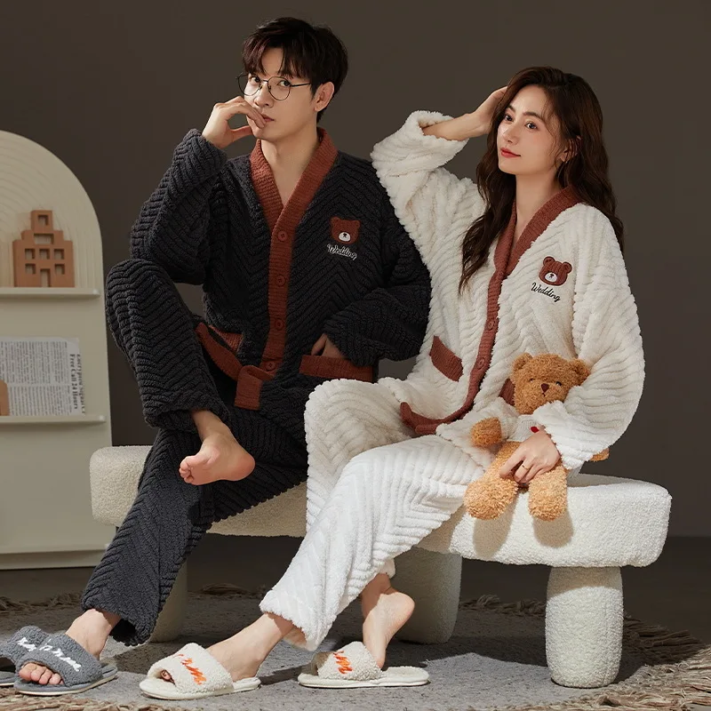 Korean Winter Warm Nightwear For Couples Women and Men Matching Homewear Coral Fleece Pajamas Set Hombre pijamas para parejas