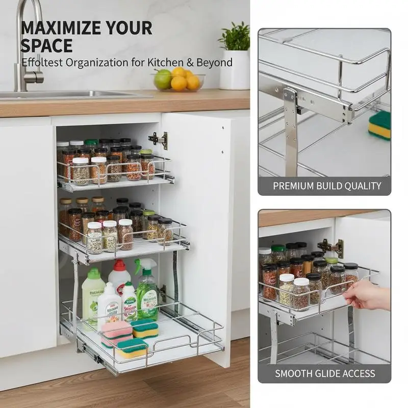 

2-Tier Pull Out Cabinet Organizer 20"Wx21"Dx15"H For Kitchen Pantry Bathroom, Heavy Duty Sliding Shelves Metal Roll Out Drawers Home Storage Solution 21.5"Wx22"Dx18"H Installation Size