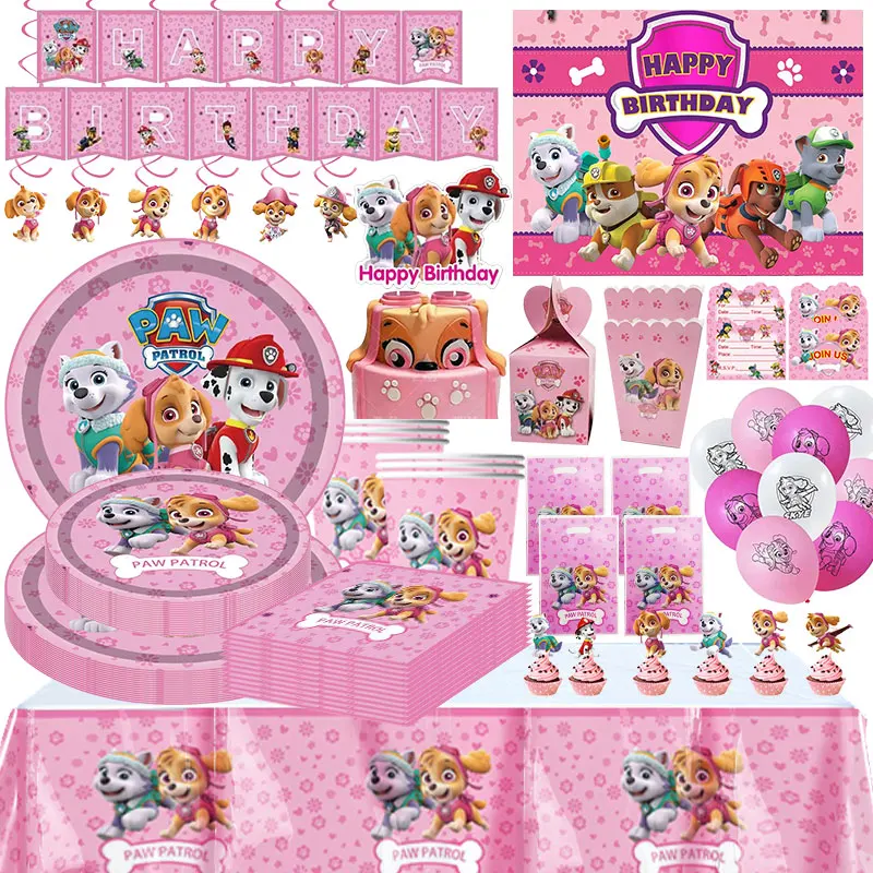 Décorations de fête d'anniversaire sur le thème de la Pat' Patrouille rose, ensemble de vaisselle, bannière de fond, sacs cadeaux, masques, ballons, fournitures de fête