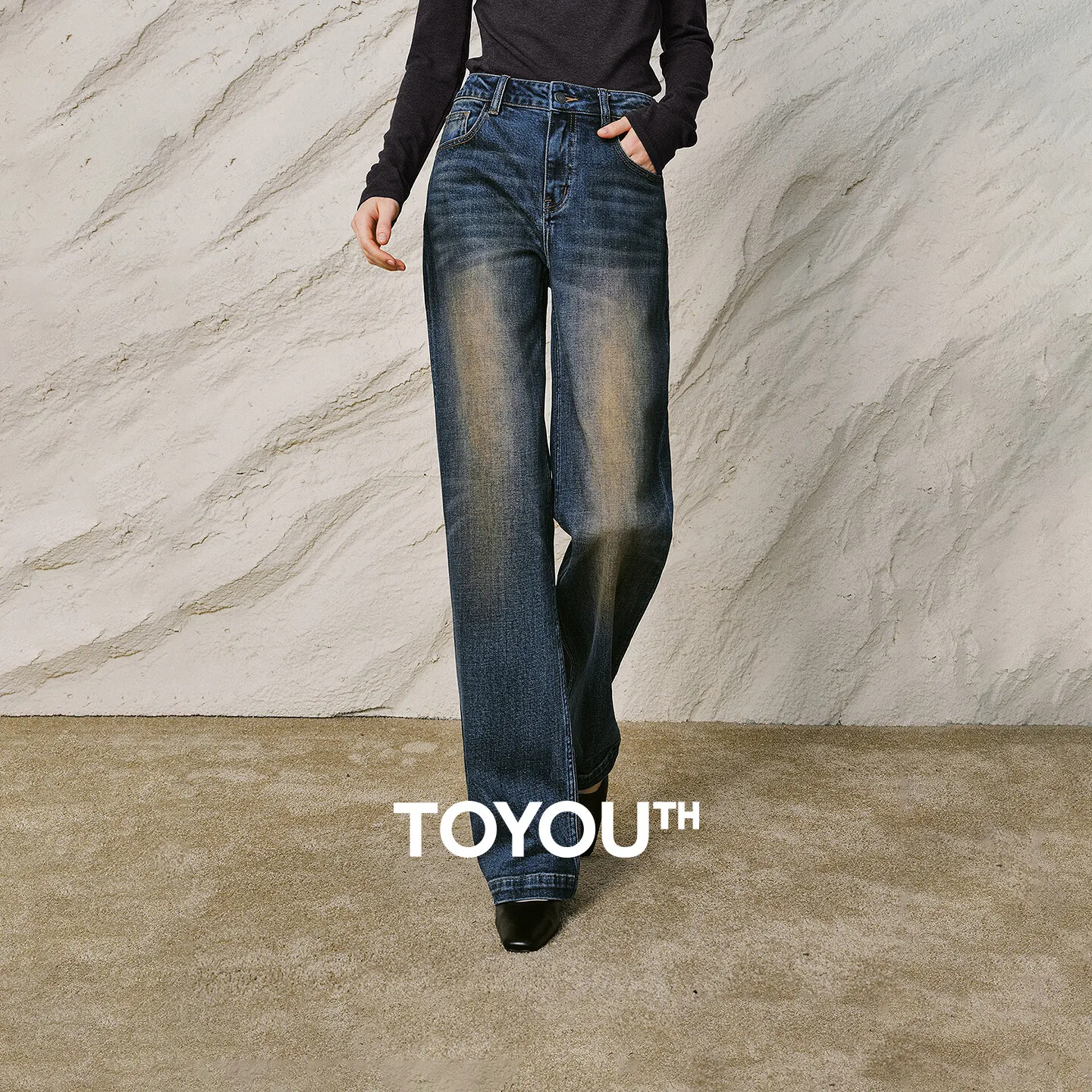 TOYOUTH Women Jeans 2026 Winter New Black Label Lycra Stretch Vintage Overdyed Stonewash Straight Leg Pants