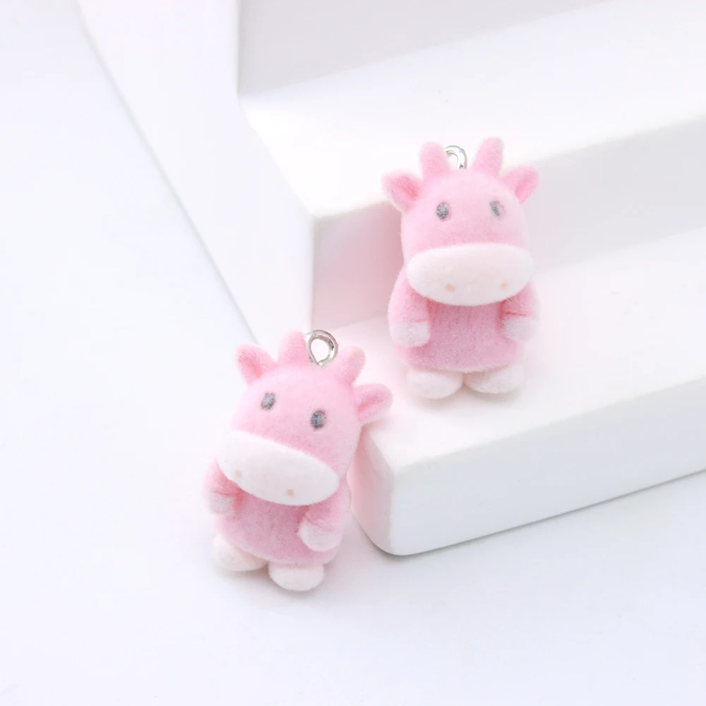 30Pcs 3D Flocking Resin Calf Charms Animal Plush Dolls Pendant for Necklace Earrings Keychain Making DIY Jewelry Accessories