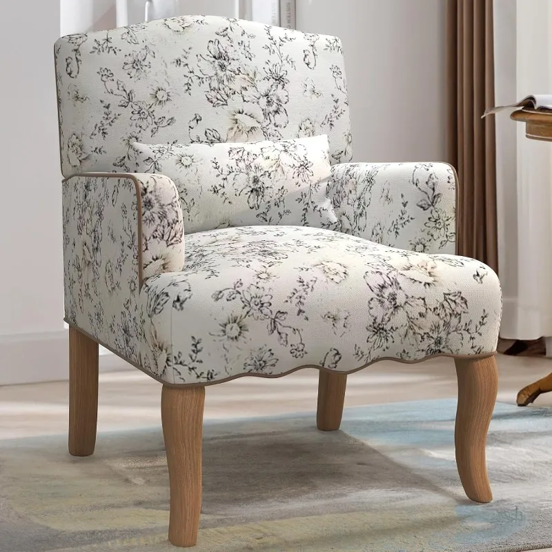 Traditional Push Back Accent Chair with Solid Wood Legs for Living Room, Comfy Upholstered Accent Reclining Chair