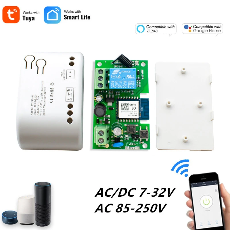 Tuya wifi Switch One Way Module 10A Rele Relay Controller DC/AC 7-32V 12V 24V 220V 110V Smart Life Jog Self-locking Relay Module