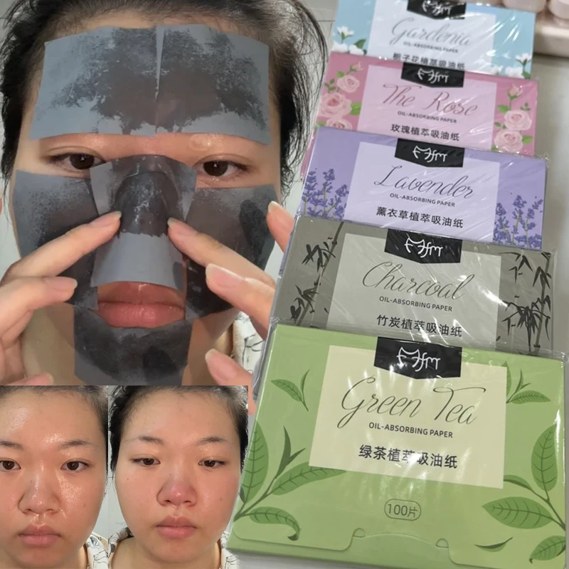 100pcs/set Fragrance Facial Oil Absorbing Paper Green Tea Bamboo Charcoal Oil Absorbing Paper Portable Facial Absorbent Papers