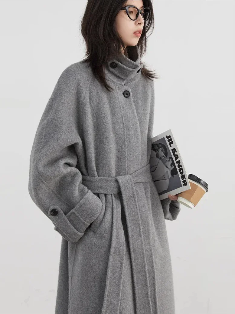 CHIC VEN Fashion Women Long Woolen Coat Solid Loose Casual Single Breasted Double-sided Ladies Overcoat Belt Autumn Winter 2024