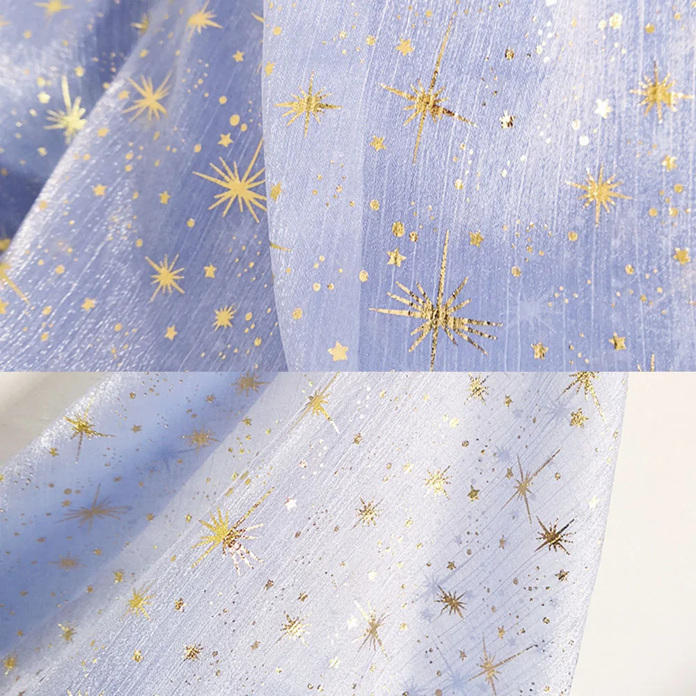 150x50cm Glitter Golden Gilded Star Moon Organza Fabric Wrinkle Sheer Crepe Tulle DIY For Sewing Women Dresses Garment Materials