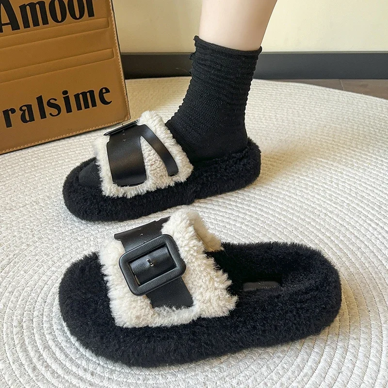 Cozy Winter Buckle Slippers with Thick Heel for Women 2024 Fashionable Lady Flat Furry Warm Winter Shoes