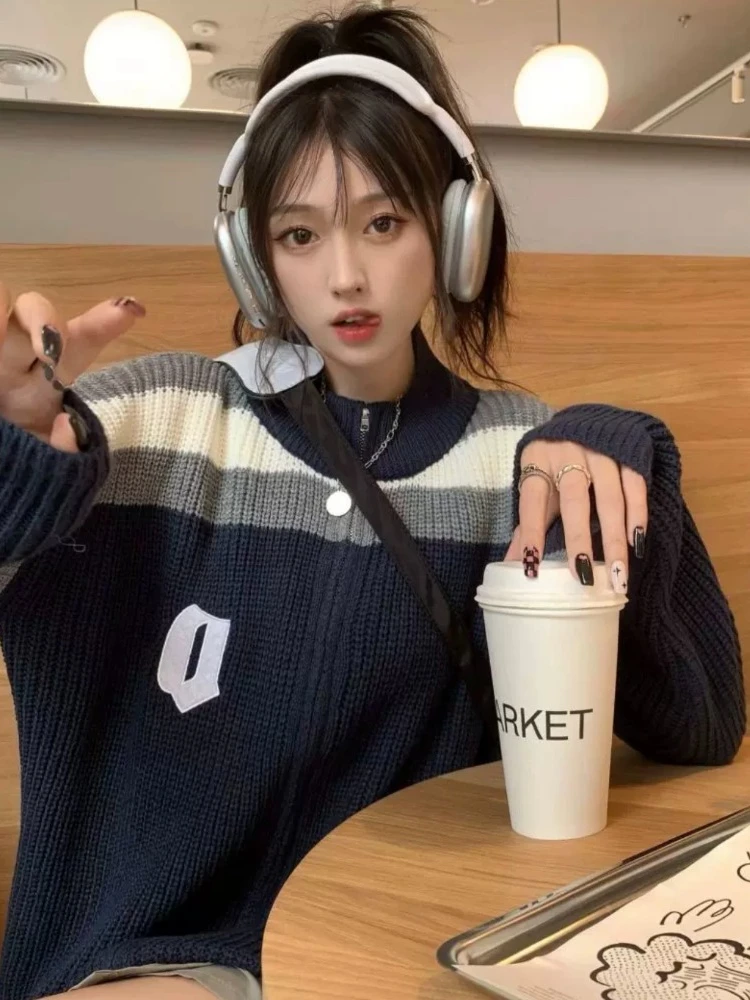 Deeptown Y2k Aesthetic Grunge Knitted Cardigan Women American Retro Streetwear Embroidery Hip Hop Patchwork Sweater Autumn 2024