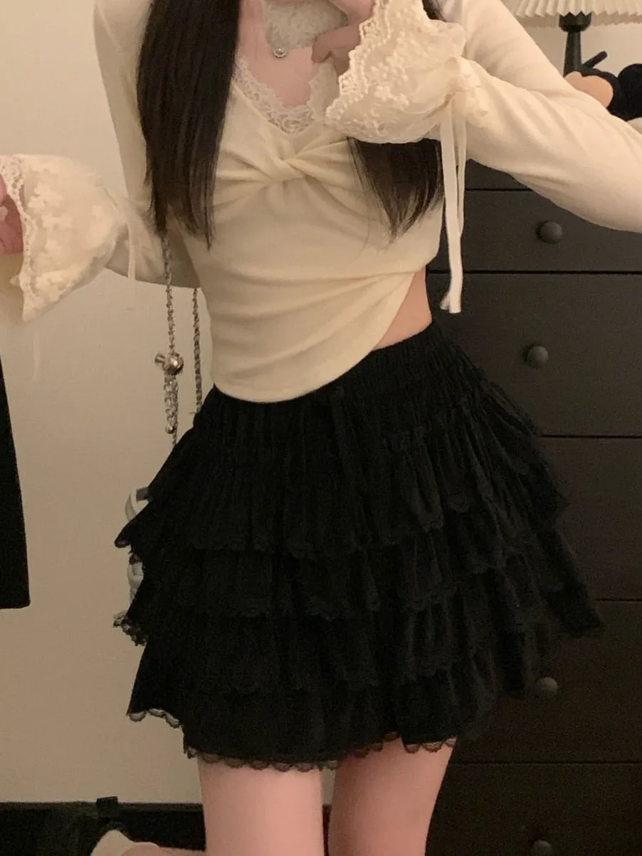 Koreanische Sle Süße Spitze Splice Gürtel frauen Rock Kuchen Rock Abnehmen Vielseitig Herbst 2025, Neue Ankunft