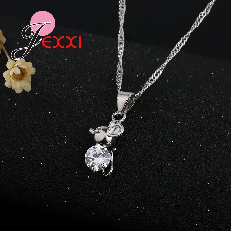 Fashion 925 Sterling Silver Lovely Cartoon Mouse Pendant Jewelry Set  Long Tail Big Crystal Body Necklace Earrings