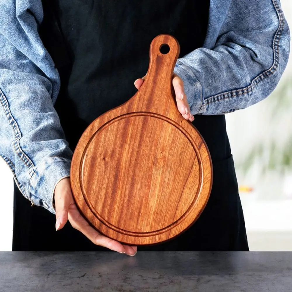 Natural Ebony Wooden Serving Tray With Handle Rectangular Pizza Plate Durable Kitchen Dinnerware For Steak And Bread