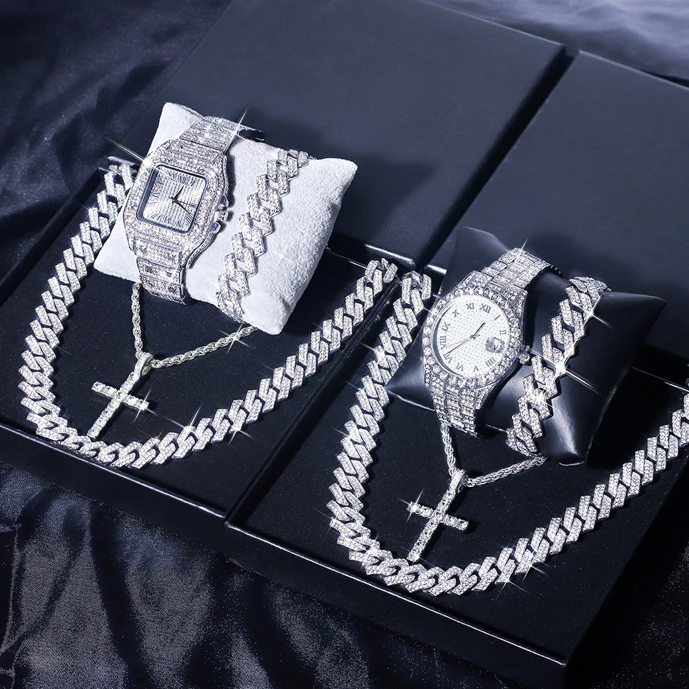 

5 шт., серебряный комплект часов в стиле хип-хоп, ледяная вспышка, мужское и женское ожерелье с подвеской в виде креста, кубинская цепочка, браслет, модные ювелирные аксессуары для мужчин и женщин