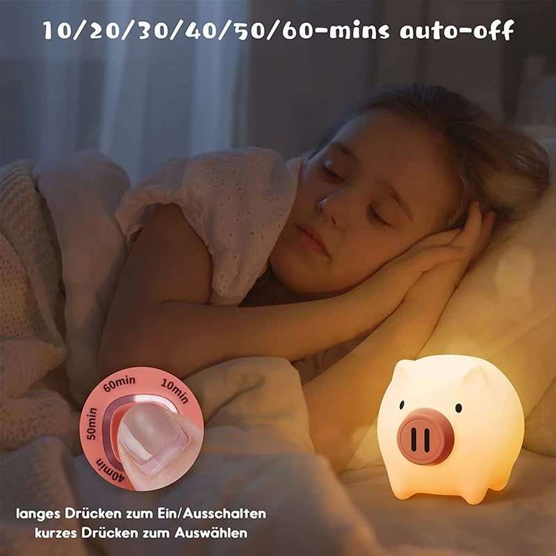 Kawaii Silicone LED Night Light, Dimmable Baby Night Light, Lâmpada de Noite Infantil Animal com Temporização, Candeeiro de Mesa Recarregável