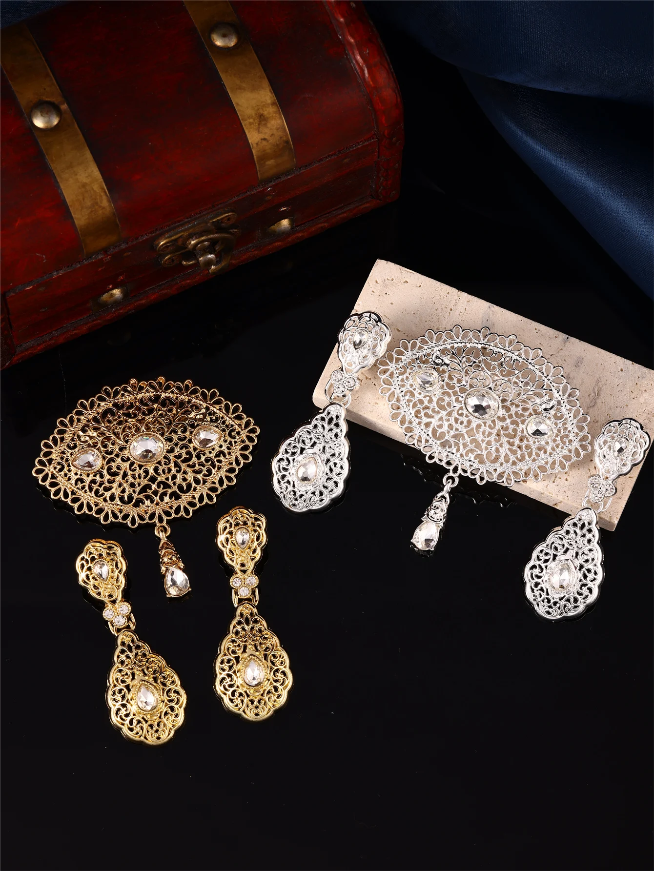 Moroccan Women's Brooch And Earring Set, Hand-Carved Brooch, Rhine Stone Earrings, Wedding Jewelry For Brides image 3