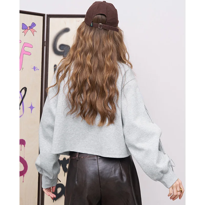ELFSACK 2025 Autumn New Arrival Loose Drawstring Graphic Full Sleeve Short Pullover Hoodie For Woman