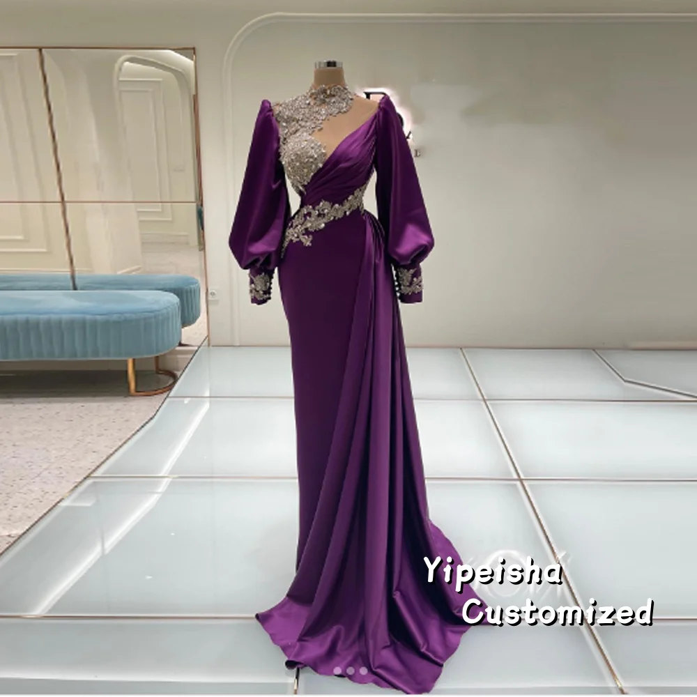

Customized Satin Evening Dress High Collar Long Sleeves Party Gowns Appliques Sequined Pleat Floor Length Mermaid Prom Dress