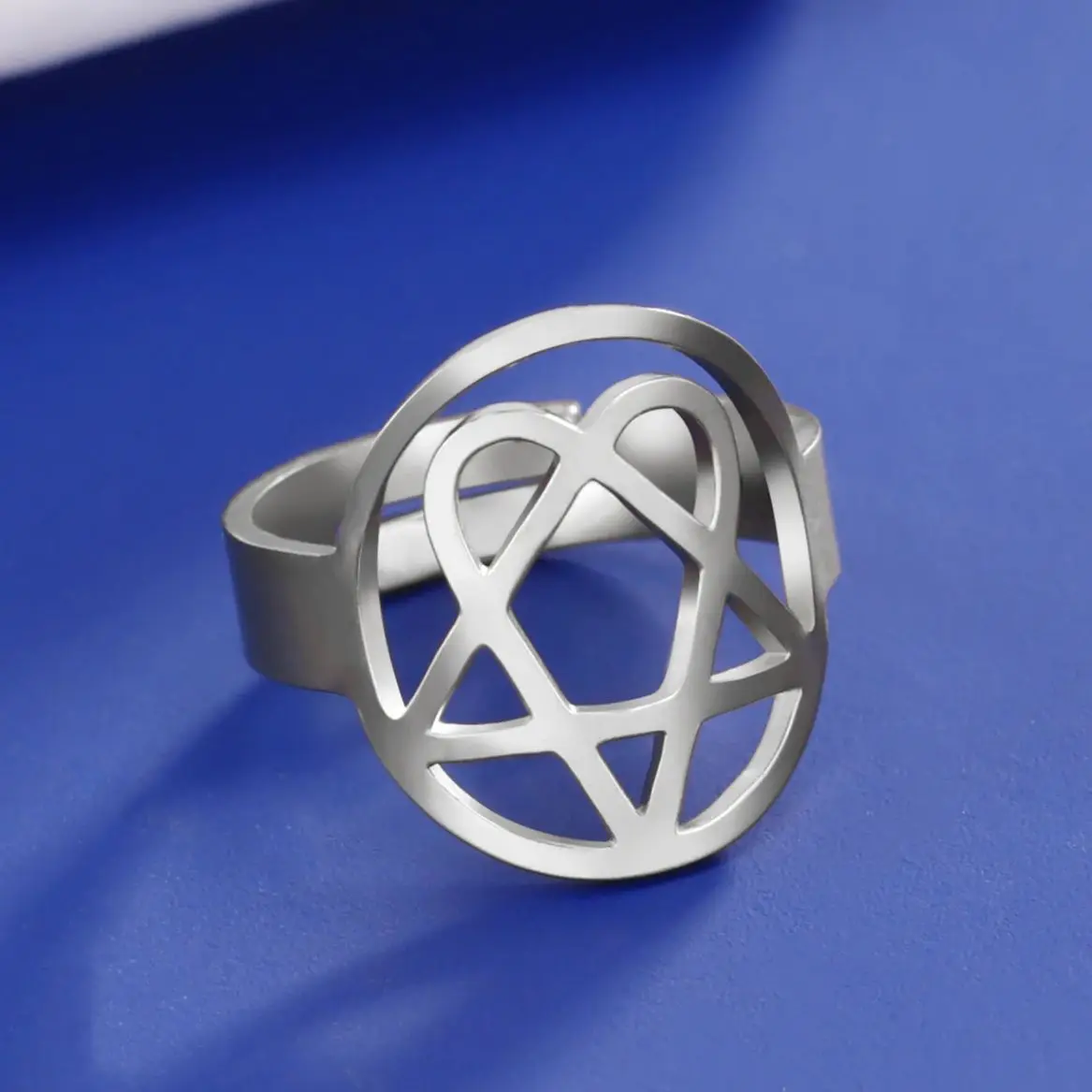 LIKGREAT Fashion Hexagram Heart Adjustable Ring Stainless Steel Star of David Pentagram Geometry Jewish Jewelry Gifts Wholesale