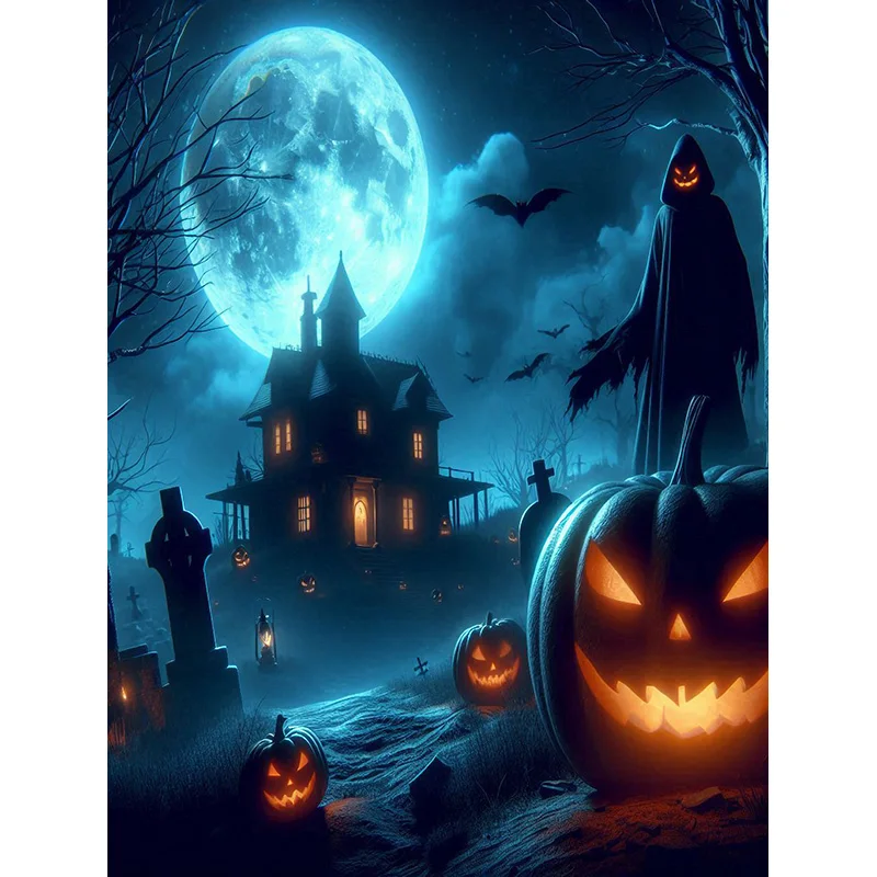 Pumpkins Halloween Day Spooky Backdrop Props Lanterns Cobwebs Creepy Wicked Eerie Evil Scary Dark Night Forest Background JS-02