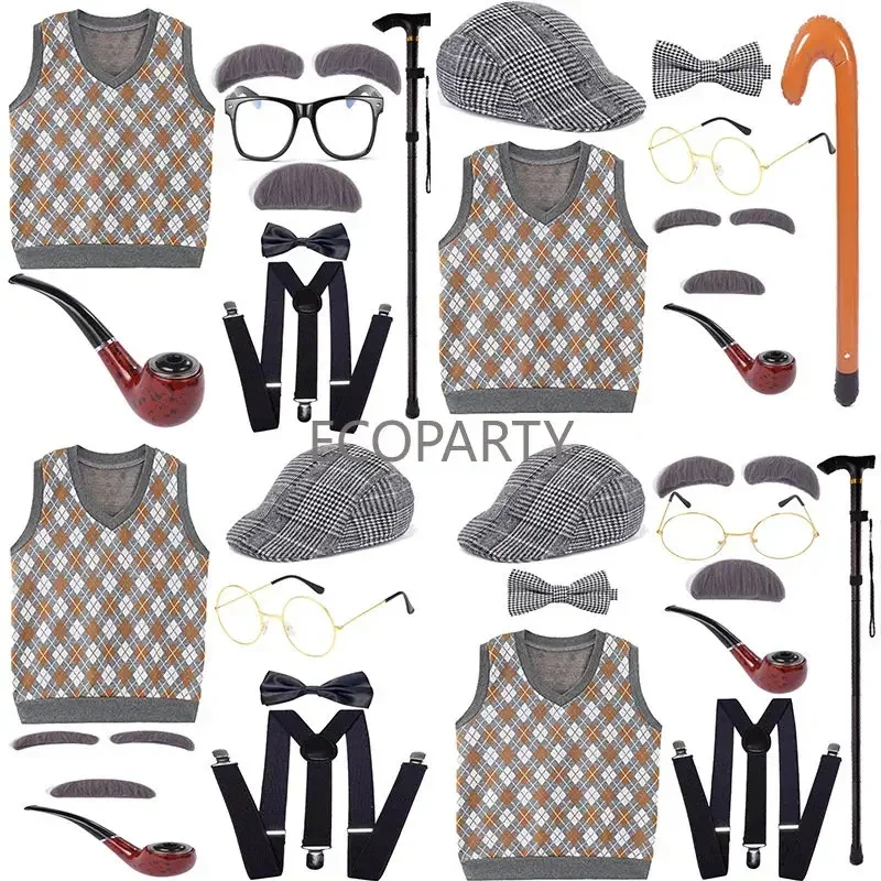 Drop ship Old Man Costume for Kids Boys 100 Days of School Costume Vest Hat and Glasses Halloween Grandpa Costume Set for Child