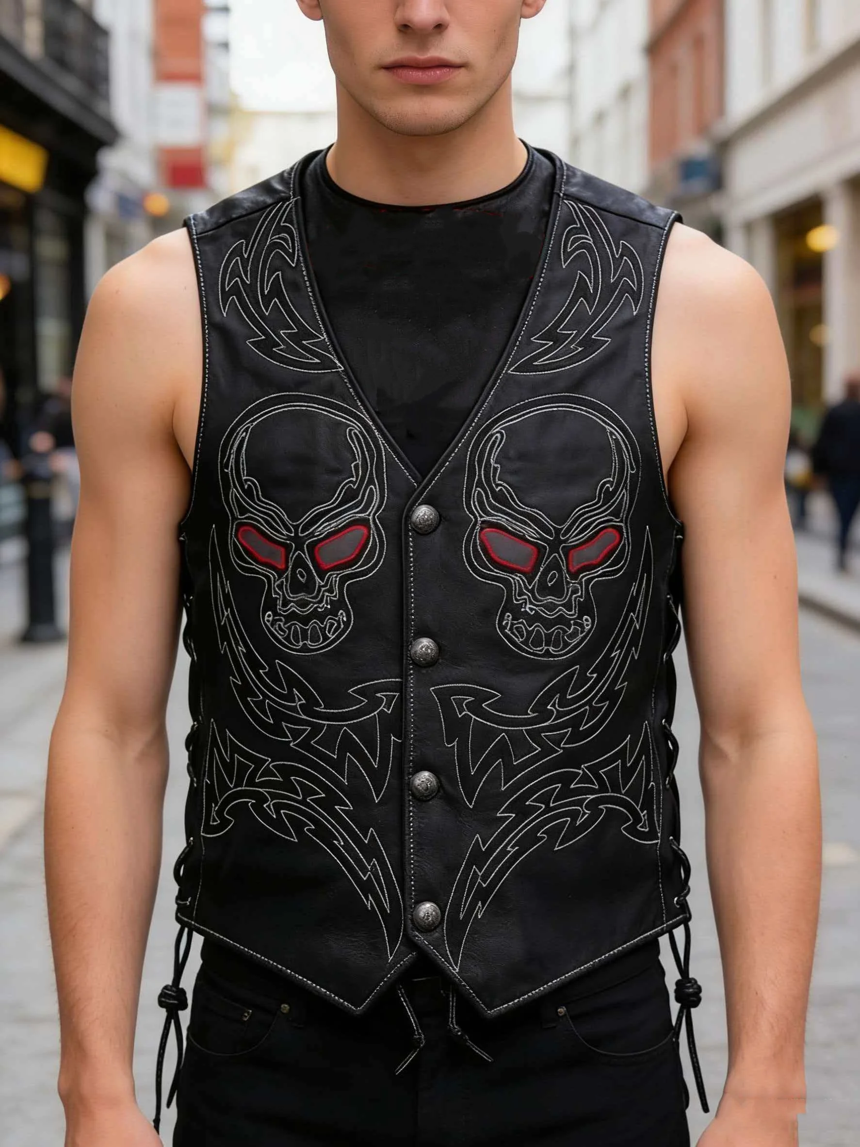 

Black Four Seasons Skulls Embroidery Vest Men Sports Style Plus Size 5XL Genuine Natural Cowhide Single Breasted Leather Coat