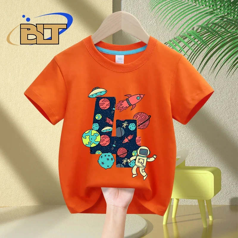 Kids 4th Birthday T-Shirt Space and Astronauts 4 Year Old Children's Cotton Short Sleeve Gift