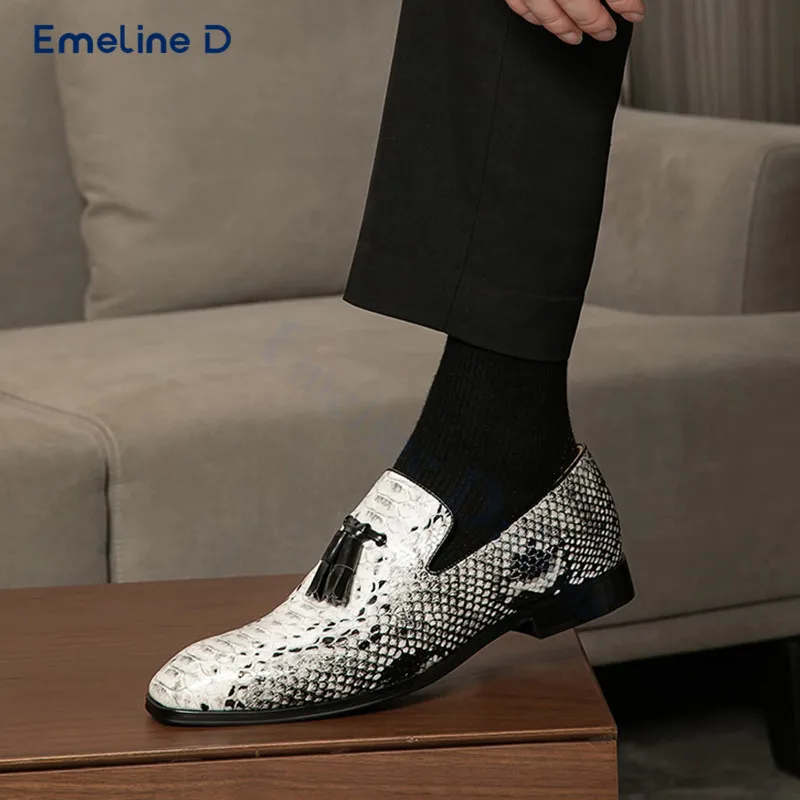 Black and White Snake Pattern Loafers Black Tassel Slip-On Leather Casual Shoes Large Size Business Formal Daily Men's Shoes