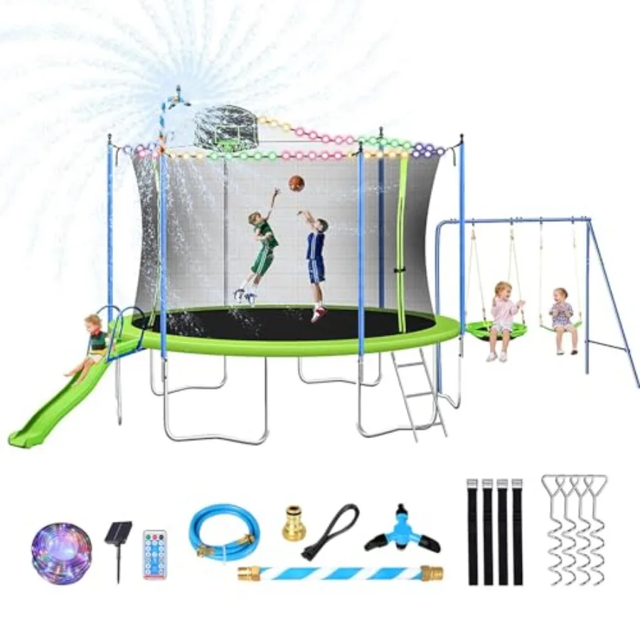 

12FT trampoline with slide and swings for backyard use green polyethylene mat and galvanized steel frame ASTM approved includes