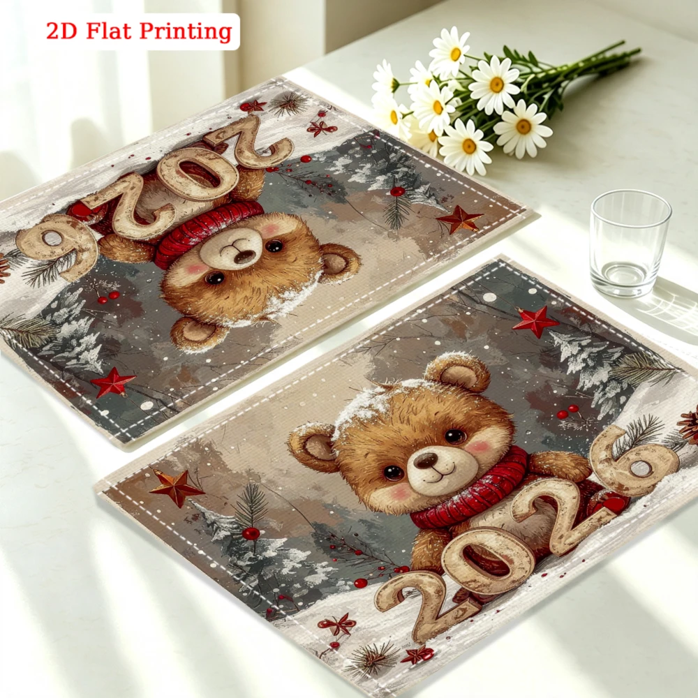 1pc Cute Cartoon Bear Placemat Brown 2026 New Year Print Table Mat Kitchen Dining Home Decor Use 30x40cm Cover