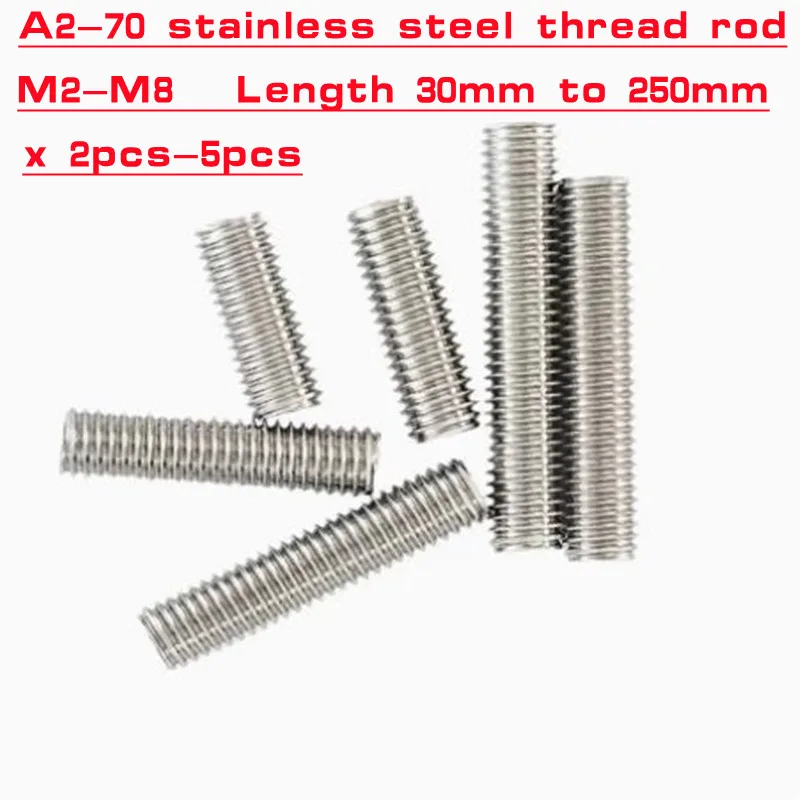 2-5pcs/lot m2 m2.5 m3 m4 m5 m6 m8 lenght 30mm to 250mm Stainless steel full thread rod threaded bar rod stud