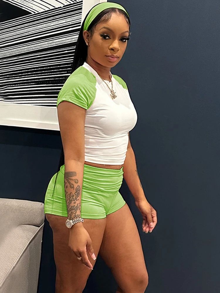 クリセスウィメンズカラーブロッククロップトップとマッチングショーツセット2ピースアウトフィットスポーティニットアクティブセットナイトクラブアウトフィット