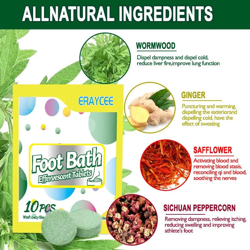 Eraycee Mugwort Foot Bath Effervescent Tablet Relief Feet Skin Cracking Foot Care Treatment Chinese Medicine Detox Soak