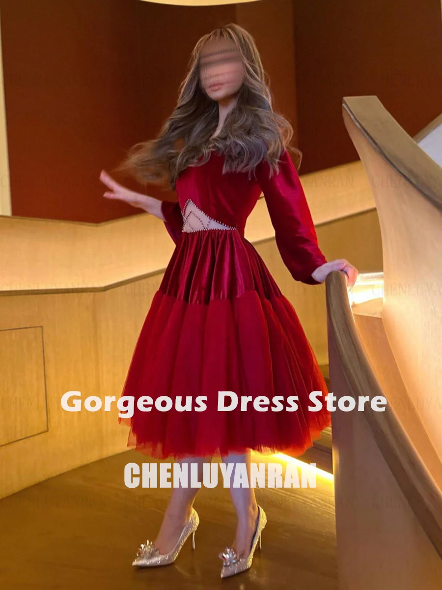 Czerwone welurowe sukienki na formalne okazje 2025 V-Neck Tea-Length Party Dress Beading 3/4 Sleeves Simple Evening Gowns فساتين السهرة
