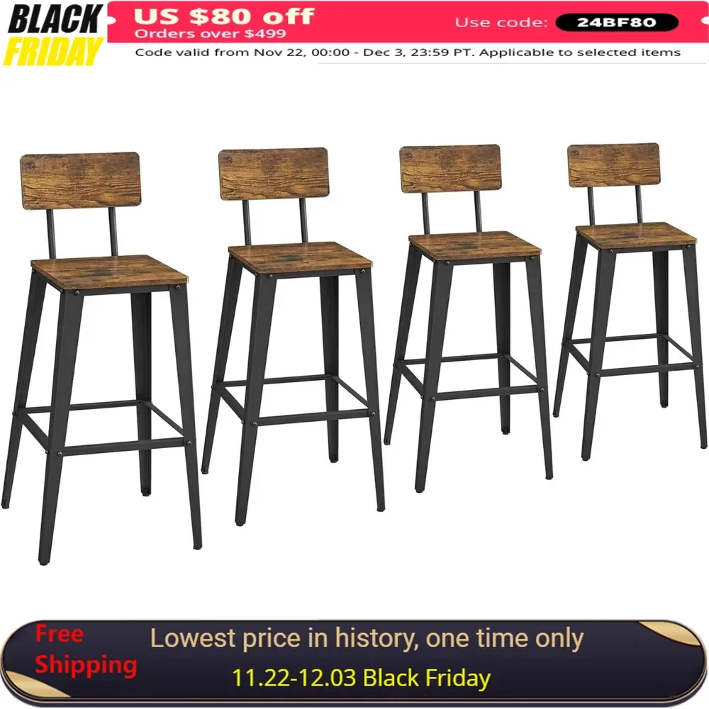 Set of 4 Bar Stools,  Tall Bar Stools with Back, Bar Chairs, Steel Frame, Easy Assembly, Rustic Brown and Ink Black