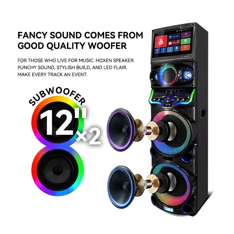 for Powerful 2x12 Inch Screen Karaoke Speaker with Bluetooth LED Light Party Audio System
