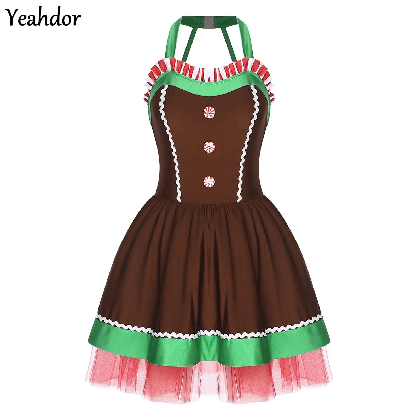 

Women Christmas Gingerbread Costume Sleeveless Candy Cane Cookie Man Leotard Skating Tutu Dress New Year Xmas Santa Claus Dress
