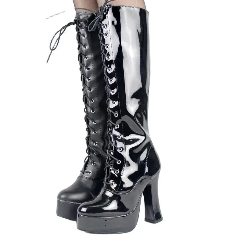 12CM High Heel Boots Women Knee-High PU Leather Platform Round Toe Cross-tied Thick Heel Boots Size 36-46