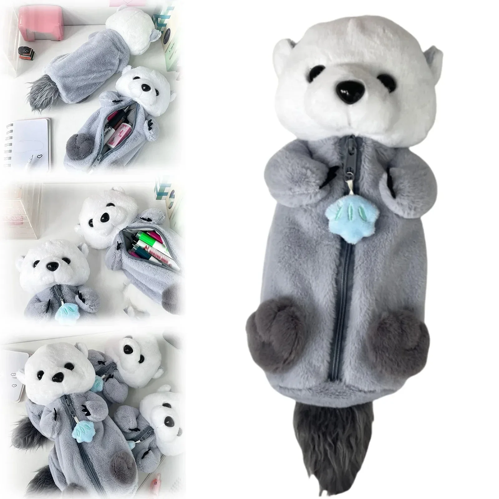 ​Kawaii Plush Otter Pencil Case Large Capacity, Expandable Portable Cosmetic & Stationery Bag For Students, Soft Plush Material